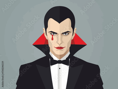 Illustration of a vampire character wearing a tuxedo with a blood drop on his face