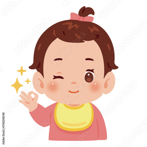 OKサインのポーズをする女の子の赤ちゃん　上半身イラスト／Baby Girl Making OK Sign Gesture　upper body illustration
