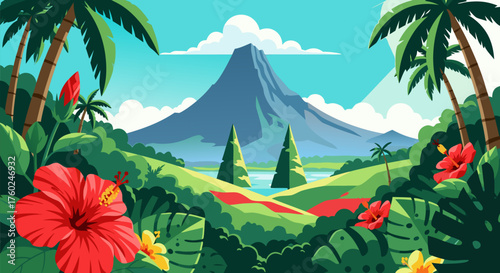 Scenic tropical paradise landscape illustration with a majestic volcano, palm trees, and vibrant hibiscus flowers
