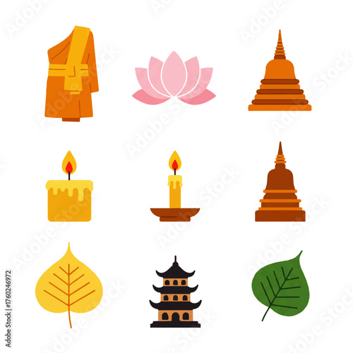 Buddhist and Thai Cultural Symbols Collection with Monk Robe Pagodas Lotus and Bodhi Leaves.