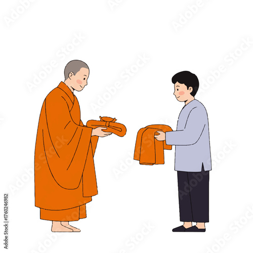 Buddhist Monk Receiving Offering from Layperson.