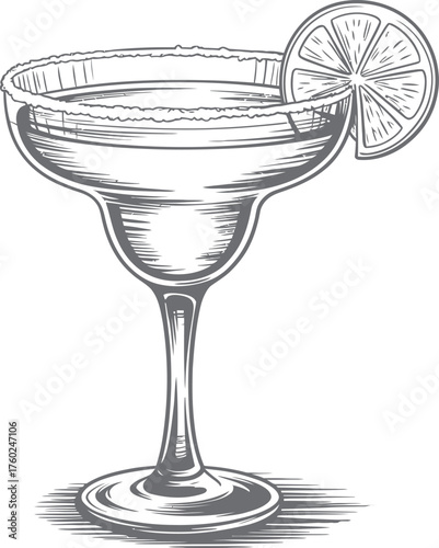 Black and White Margarita Glass with Lime Slice, Sketch Style