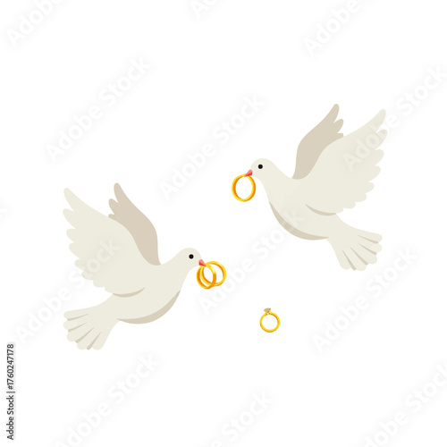 Flying White Doves Delivering Golden Wedding Rings.