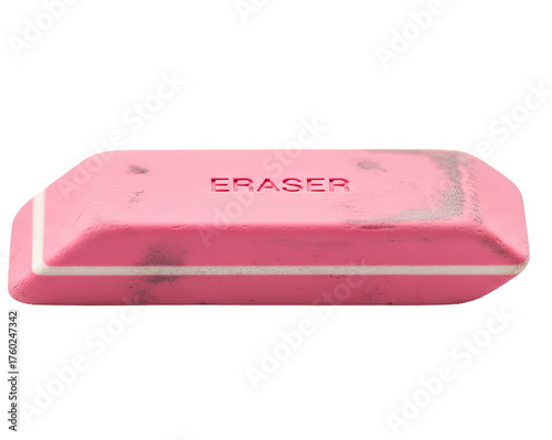 A pink eraser with the word 'ERASER' on it.