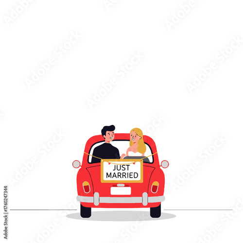 Happy Just Married Couple Driving Away in a Classic Red Car.