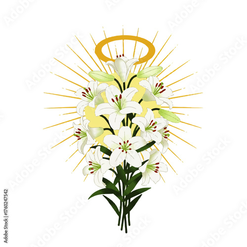 Sacred White Lilies Bouquet with Golden Halo and Radiant Light.