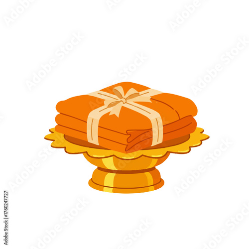 Traditional Buddhist Monk Robes Offering on Golden Pedestal Tray.