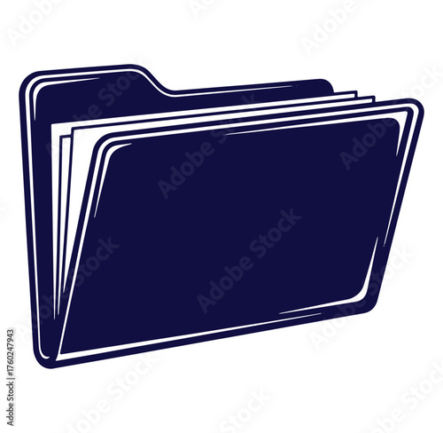 Simple vector illustration of a dark blue file folder with papers and white outline