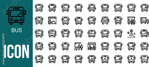 Collection of diverse bus icons and illustrations in a clean black and white graphic style