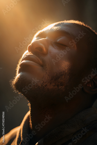 Serene Reflection: A portrait of a man with eyes closed, bathed in a warm, ethereal glow, symbolizing peace and contemplation.