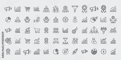 Business growth vector icon set with success and sales funnel symbols
