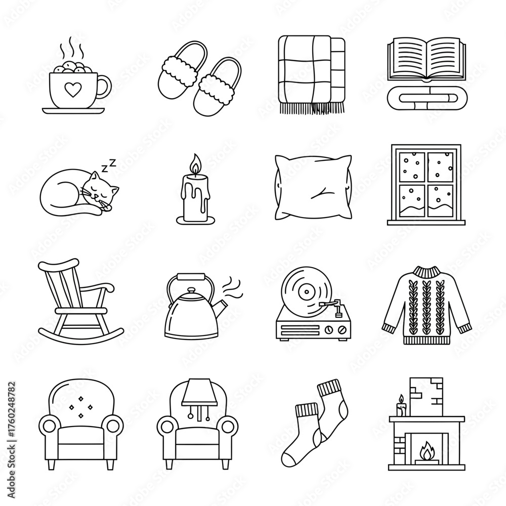 Naklejka premium Collection of Relaxation and Home Comfort Linear Icons, Including Coffee Mug, Pillow, Rocking Chair, Blanket, and Armchair.