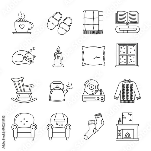 Collection of Relaxation and Home Comfort Linear Icons, Including Coffee Mug, Pillow, Rocking Chair, Blanket, and Armchair.