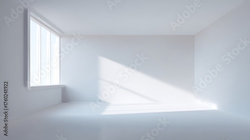 Wallpaper Mural Minimalist abstract empty white room with natural light beam streaming through window in close-up view, creating perfect product presentation space with clean aesthetic and dramatic lighting effects Torontodigital.ca