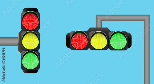 A illustration of a vertical traffic light and a horizontal signal facing an empty blue sky, showcasing red, yellow and green lights. Ideal for concepts of traffic, safety,control and urban navigation