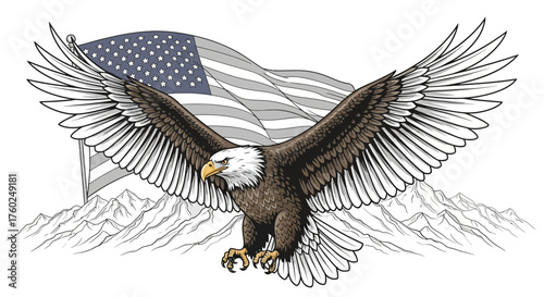 Majestic bald eagle soaring with outstretched wings against the backdrop of the American flag and mountains.