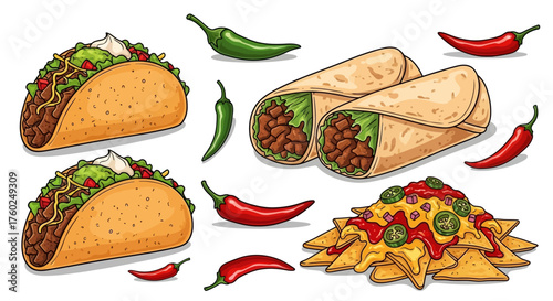 A vibrant illustration of classic Mexican cuisine featuring tacos, burritos, nachos, and various chili peppers.