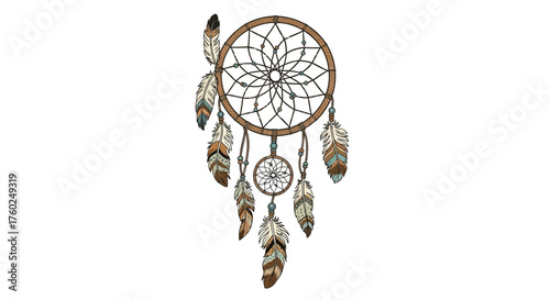 A detailed illustration of a traditional dreamcatcher, featuring intricate weaving and decorative feathers.
