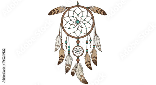 Detailed illustration of a dreamcatcher with feathers and beads.