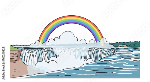A vibrant cartoon illustration of Niagara Falls with a beautiful rainbow arching over the misty cascade.