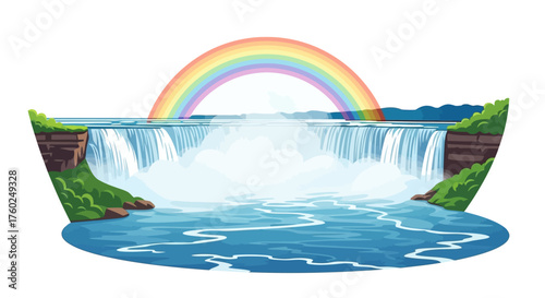 A vibrant rainbow arches over the majestic Niagara Falls, with lush green cliffs on either side.