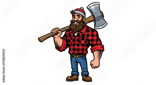 Cartoon illustration of a strong, bearded lumberjack wearing a red plaid shirt, blue jeans, and a beanie, holding a large axe over his shoulder.