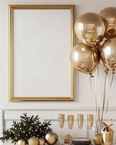 Blank poster frame on wall, festive party decorations with balloons and champagne glasses, New Year celebration lifestyle mockup.