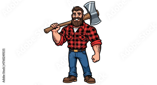A muscular lumberjack with a full beard, wearing a red plaid shirt, holding an axe.