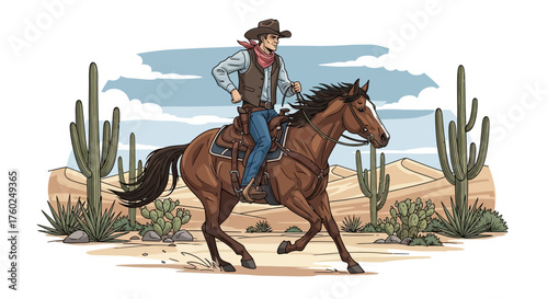 A cowboy in a hat and vest riding a galloping brown horse through a desert landscape with saguaro cacti.