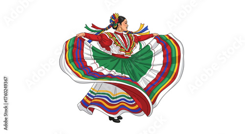 A woman in a colorful traditional Mexican folk dress is dancing with her arms outstretched.