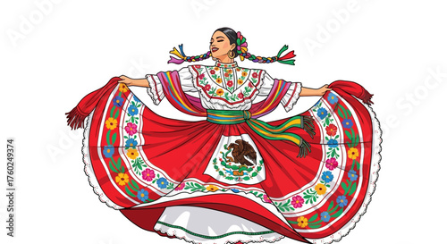 Illustration of a woman in a traditional Mexican dress with the Mexican flag emblem.
