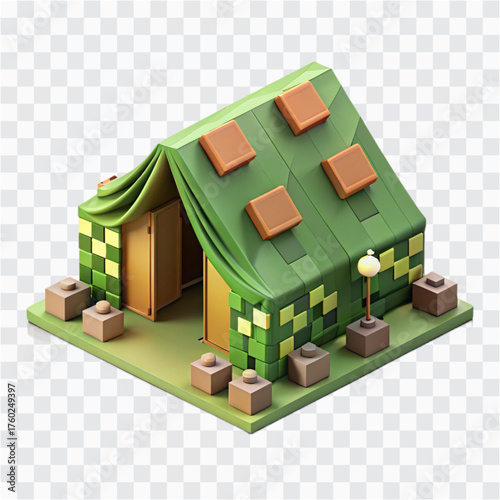 Voxel Pixel Style 3D Army Tent | Blocky Military Camp Shelter & Retro Cube Art