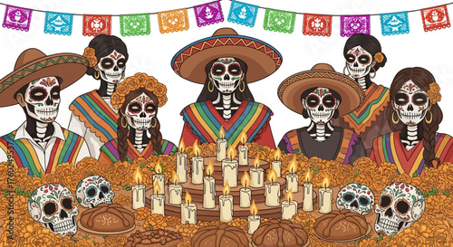 A skeleton family in traditional Mexican attire celebrates Day of the Dead around a candlelit altar with marigolds and sugar skulls.