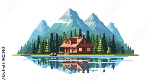 A secluded wooden cabin in a pine forest by a calm lake, with snow-capped mountains in the background and a clear reflection in the water.