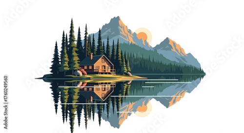 A serene landscape featuring a cabin nestled by a lake, surrounded by tall trees and majestic mountains under a warm sun.