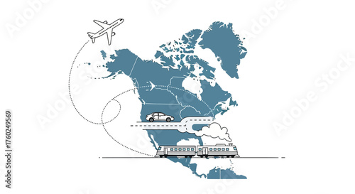 An illustrative map of North America depicting various modes of transportation including an airplane, car, and train, highlighting travel routes across the continent.