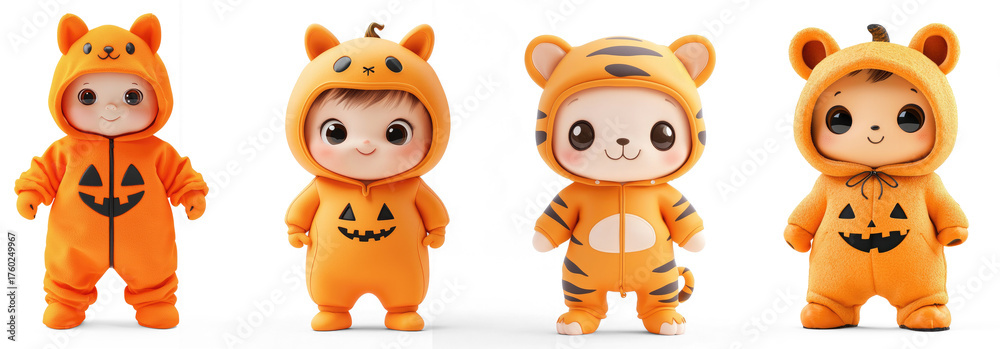 Fototapeta premium Collection of tiger costumes with black stripes and white faces, standing in a row.