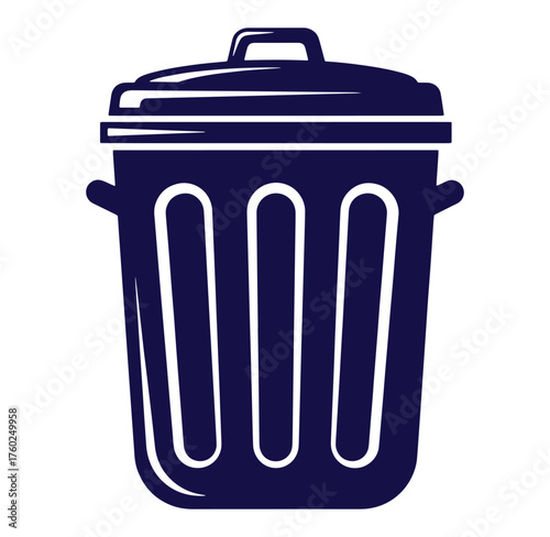 Vector illustration of a clean and simple navy blue trash can with lid and handles