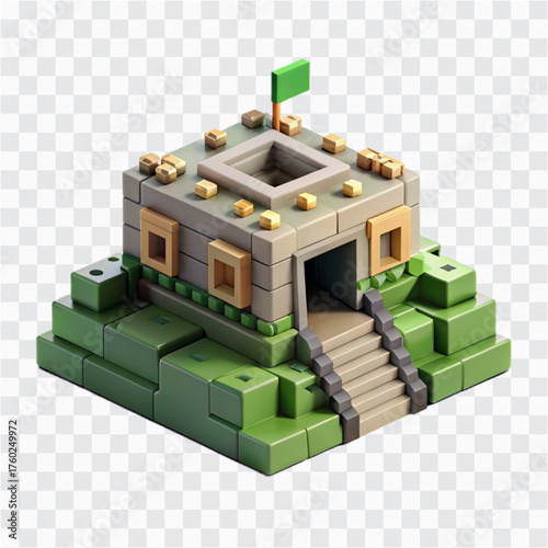 Voxel Pixel Style 3D Army Bunker | Blocky Military Shelter, Defense Base & Retro Cube Design