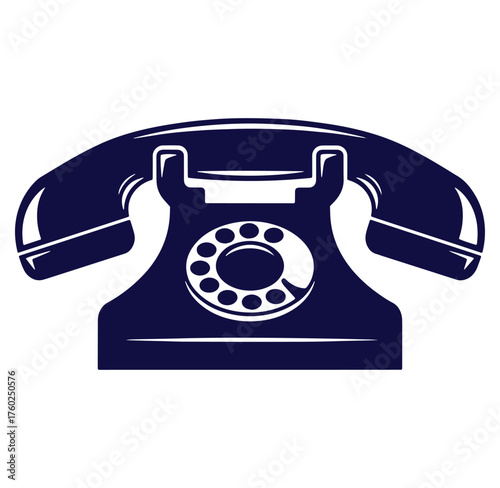 Vintage rotary telephone in a navy blue and white color scheme depicted vector style