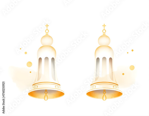 Soft watercolor wedding illustration with temple bells and gentle gold watercolor gradients over a light beige canvas.