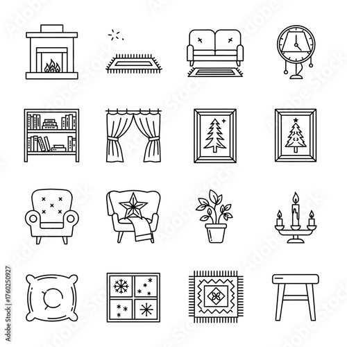 Collection of Cozy Home Interior Linear Icons, Including sofa, fireplace, lamp, bookshelf, pillow, and framed art.