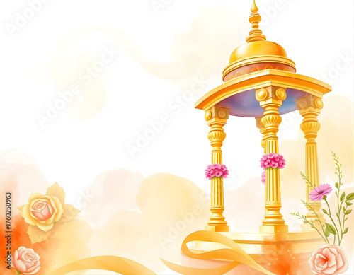 Hand-painted pastel watercolor scene inspired by South Indian weddings — featuring golden tones, temple pillars, and floral accents blending into a serene wash.