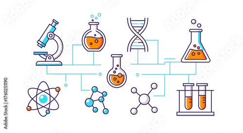 Explore groundbreaking discoveries with this vibrant science icon set showcasing DNA, atoms, molecules, and laboratory equipment for innovative research