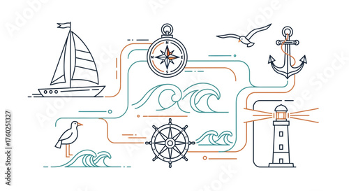 Nautical adventure awaits with this modern ocean themed design featuring a sailboat, compass, and lighthouse, perfect for travel and exploration brands