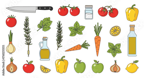 Fresh ingredients for cooking a delicious meal with vibrant vegetables, herbs, and spices ready for culinary creativity and healthy recipes