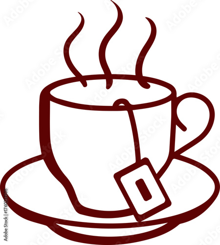 Hand Drawn Cup of Hot Tea with Steam and Tea Bag on Saucer Keywords: tea, cup, hot, drink, beverage, steam, saucer, teabag