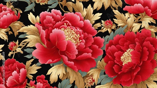 Red Peony with Golden Leaves Vintage Pattern - Decoration Design Material