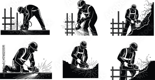 Construction workers using power tools, welding, grinding, jackhammering, spraying, cutting metal, safety gear, industrial jobsite, protective equipment, sparks flying