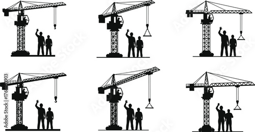 Construction crane lifting triangle, teamwork silhouette, black and white illustration, human interaction, industrial scene, safety gesture, engineering concept, visual metaphor